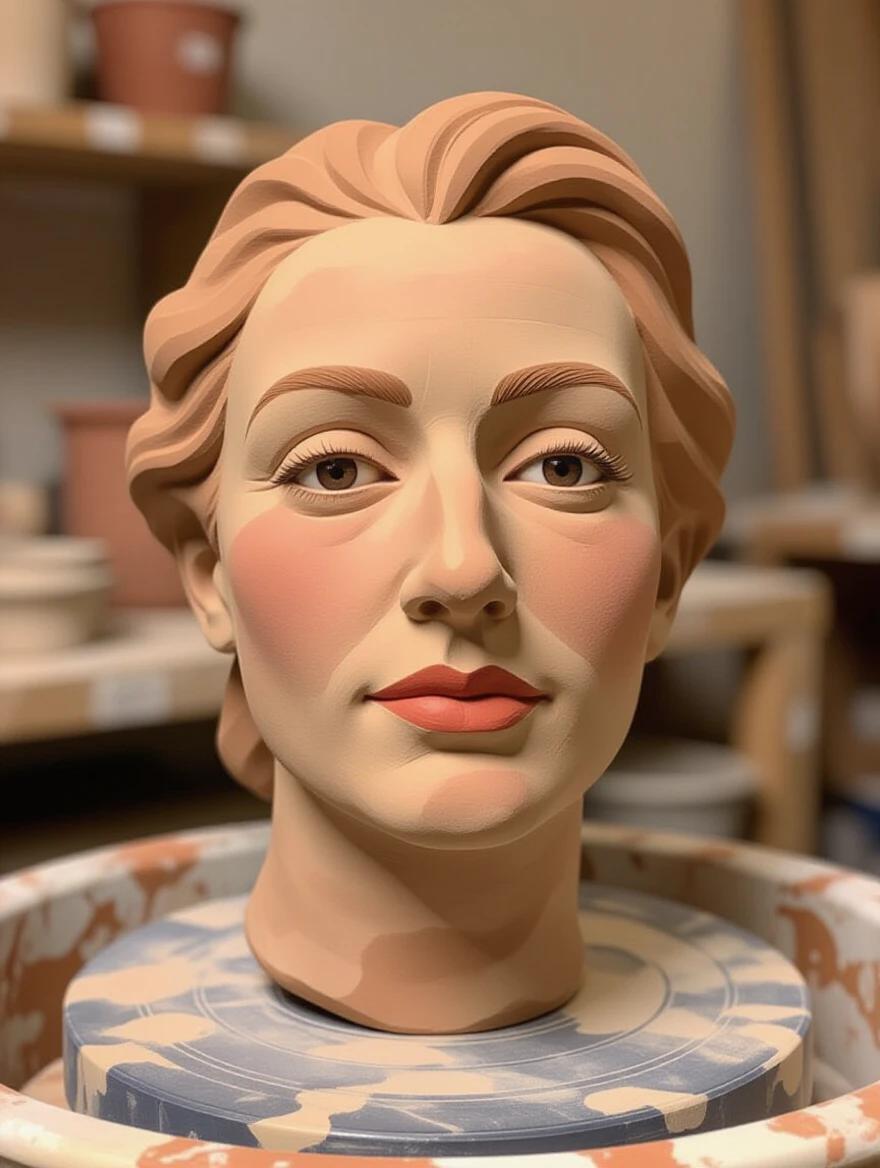 A contemplative clay portrait bust made from hand-sculpted ceramic. Gentle rounded features with finger smoothing marks and subtle asymmetries. Color variations from firing with earthy tones from terracotta to pale buff. Small imperfections like air bubbles and tool marks add character. Sculpture on a pottery wheel surrounded by clay scraps and sculpting tools. Dramatic side lighting emphasizes the textured qualities of the unfired clay.