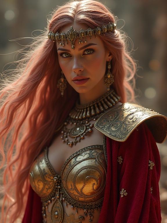 Portrait of a fantasy character inspired by Lady Godiva and Spartacus. Detailed and ornate armor. Long pink hair with a jeweled headdress. Rich colors and atmospheric lighting. Emphasis on intricate details and facial expression.