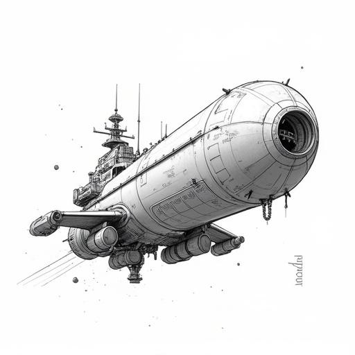 Black and white line drawing of a medium-sized cargo spaceship. The main body is cylindrical or oval with a large side bay revealing internal mechanisms or a loading ramp. Large cylindrical engines are attached underneath. Various surface details, panels, and antennas. Floating in space with hints of stars or an empty background. Clear line style with hatch shading.