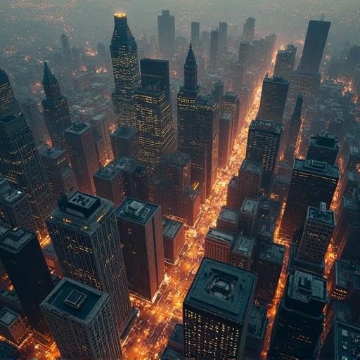 Aerial view of Philadelphia city at night. Buildings are tall and clustered together. Streets are illuminated with orange lights. The atmosphere is dark and moody. The scene evokes a sense of an apocalyptic landscape.