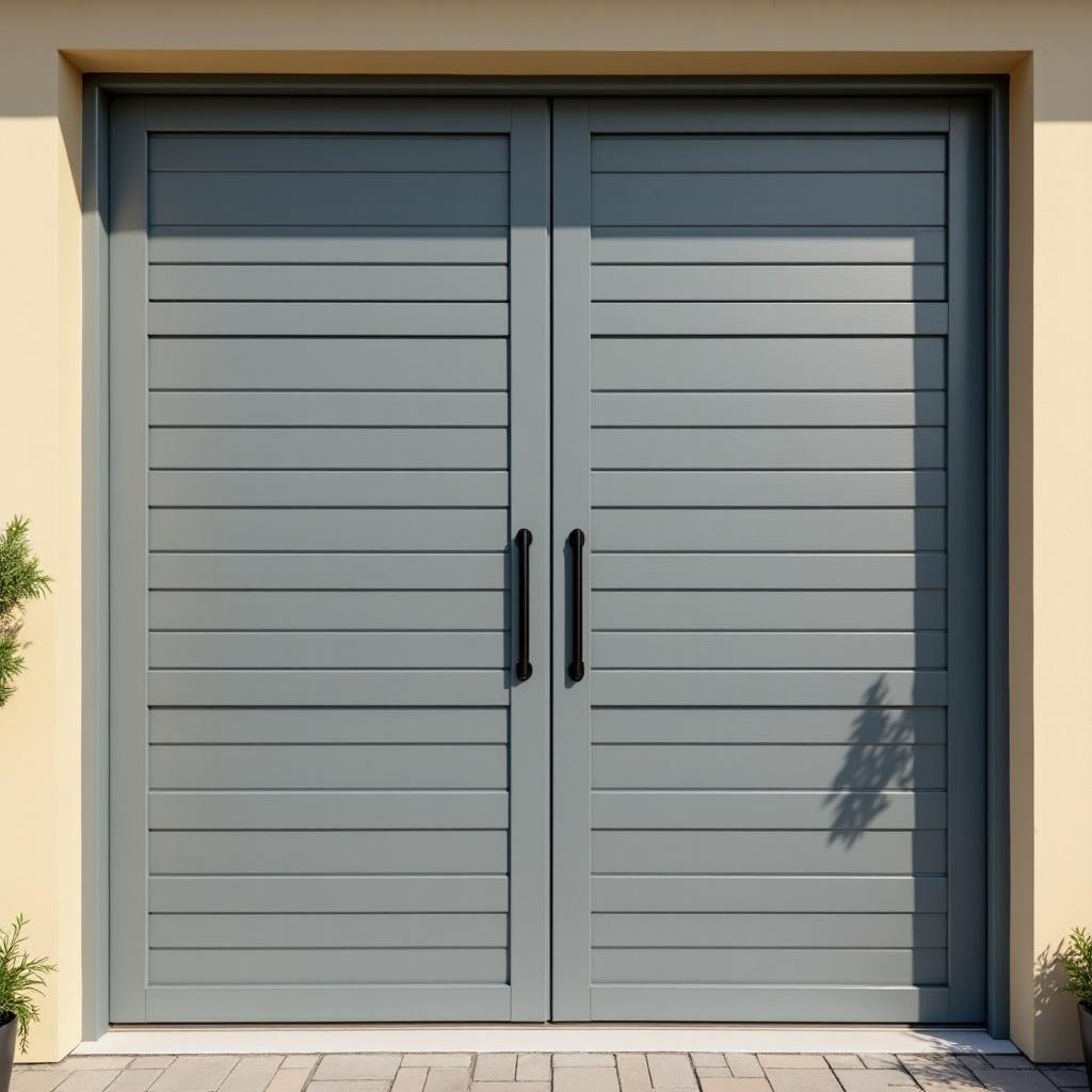 Modern double door shutters in grey and beige color. Grey up to 2 feet height and beige on the left out area with black modern door handles.