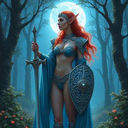 Majestic elf female cleric of Corellon in azure Celtic-inspired bikini armor with silver accents and flowing robe. In a mystical forest at night, holding an elvish short sword and adorned kite shield with crescent moon. Flowing red hair and silver circlet.