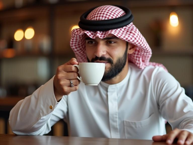Arab man in Gulf clothing enjoying a cup of coffee at a cafe
