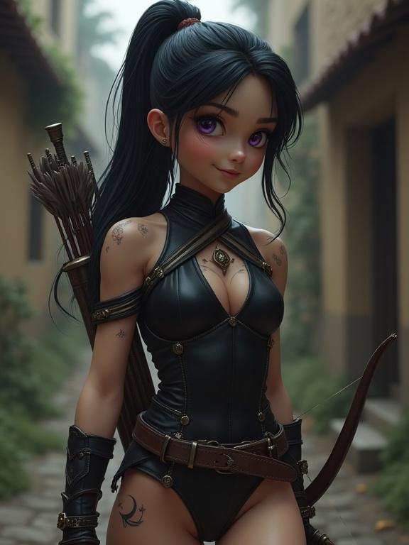 Photorealistic image of a pretty teenaged girl with vibrant purple eyes. She has neat black hair in a large ponytail and an amused expression. The girl wears a tight leather leotard and knee-high buckled boots, with a rapier on her belt and a bow with arrows on her back. She has a tattoo of a crescent moon on her shoulder and small crescent tattoos on her cheek under her right eye. Full body depiction in a dark village alleyway.