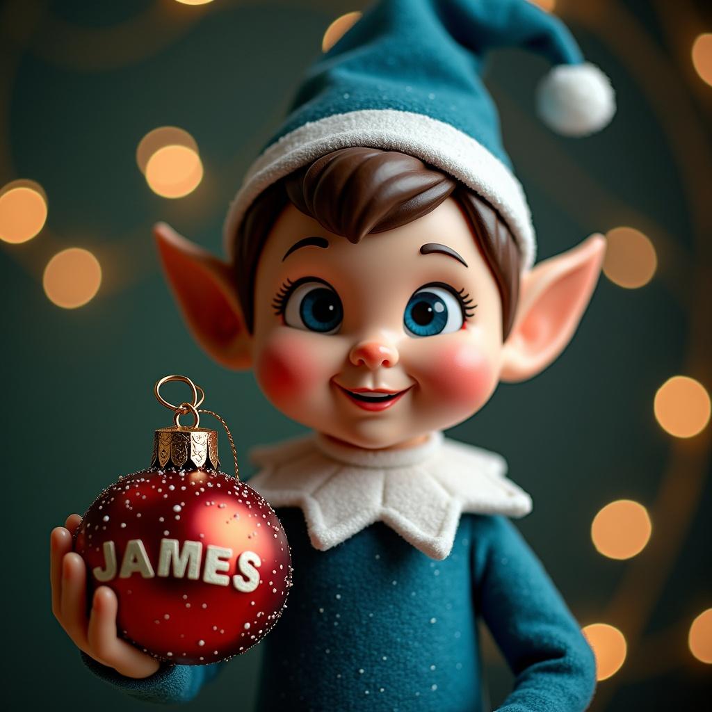 A cute Christmas elf dressed in a cozy blue outfit sits on a snowy surface, holding a shiny red Christmas bauble labeled 'James'. The elf has a joyful expression, with big, bright eyes, and pointed ears. Behind the elf, a softly lit Christmas tree creates a warm, festive atmosphere. The elf's outfit includes a white collar and polka dot pants, enhancing its adorable appearance. The scene captures the magic of Christmas and the joy of giving.