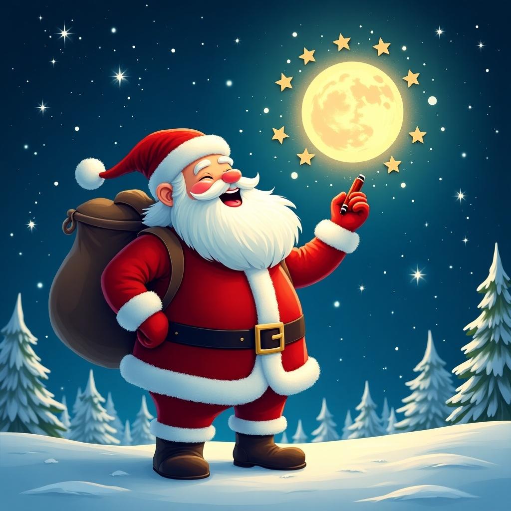 This image features Santa Claus joyfully standing in a snowy landscape. He is dressed in his classic red suit with a fluffy white beard and a big smile. Santa is pointing at a bright, full moon surrounded by glowing stars in the night sky. The scene is illuminated by a soft light that adds a magical touch. Pine trees dusted with snow frame the background, creating a festive and cheerful atmosphere. This whimsical depiction of Santa captures the spirit of the holiday season perfectly.