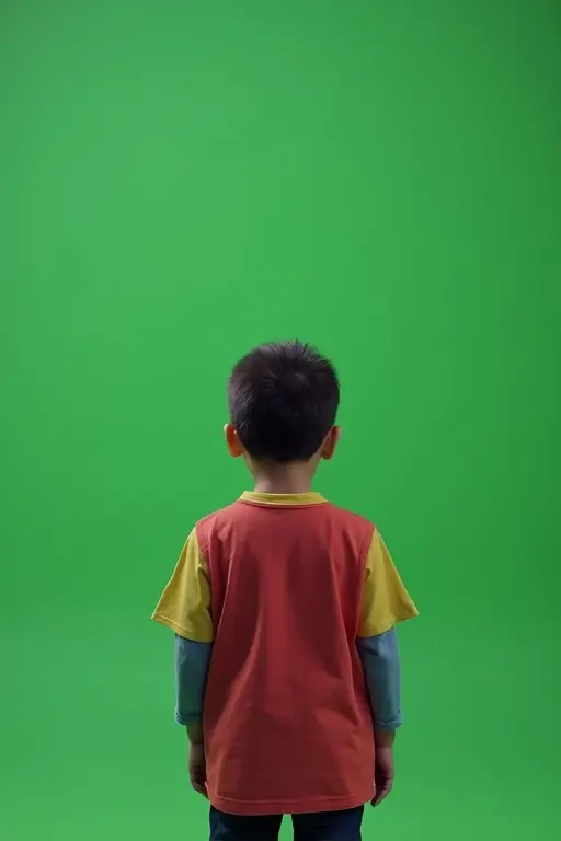 A 3D child standing from behind facing a green screen. The child wears a colorful outfit with an orange and yellow shirt and jeans. The background is a bright green color.
