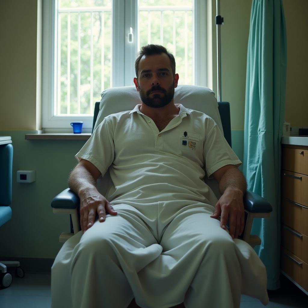 Patient in a hospital chair undergoing a blood change procedure. Bright window with natural light illuminates the scene. Calm atmosphere emphasizes the process of healthcare.