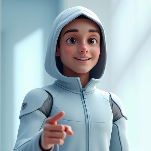 Full picture of a friendly male AI avatar with semi-human features. Smooth skin and subtle details. Wears a minimal high-tech hoodie with the hood on. Background is blurred with light-blue and white tones. Expression is surprised, intelligent, and approachable. Avatar points left. Stylized, high-resolution, clean lighting.