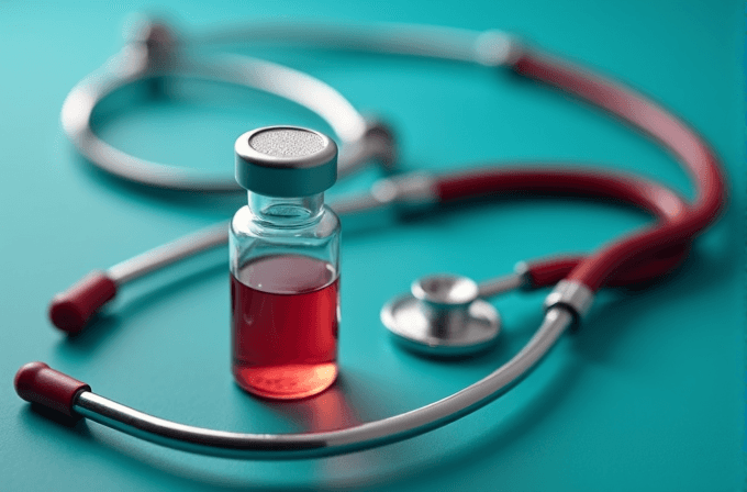 A bottle containing red liquid is surrounded by a stethoscope on a teal surface.