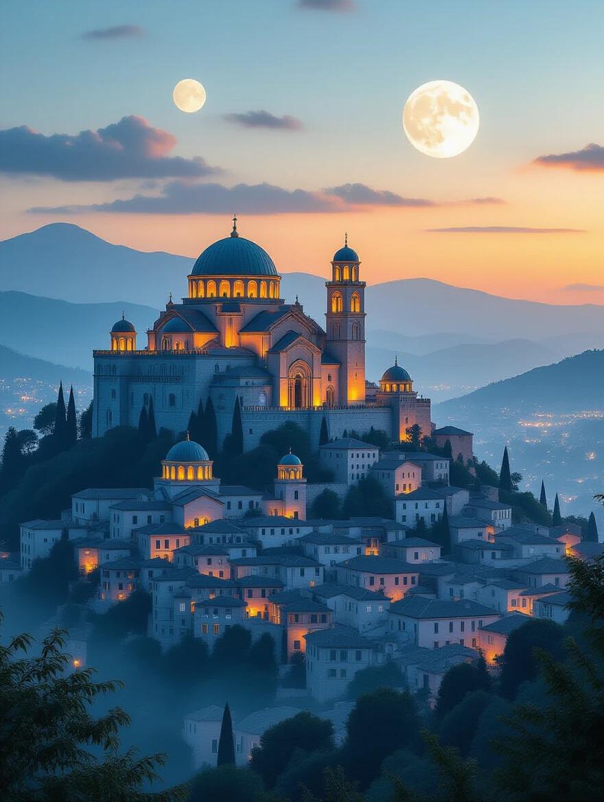Photo-realistic view of a sprawling medieval town on a hillside. Dominant domes and towers glow from sunset light. Ambient cyan shadows and glowing windows create ethereal haze. Two moons float in a soft sky. Captured with a real lens, highlighting sharp architecture and volumetric twilight light.