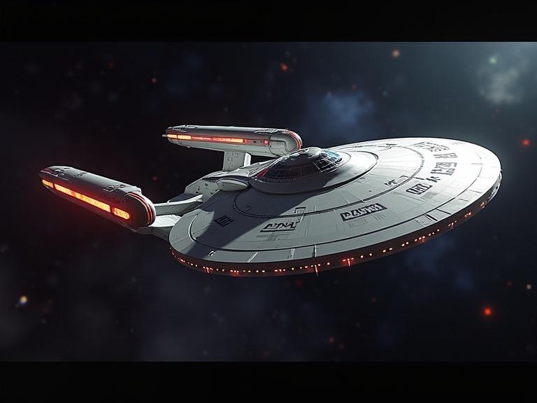 A starship named USS Fraunhofer. Design reminiscent of Star Trek starships. Sonic elements and features prominently displayed. Set against a dark cosmic background.