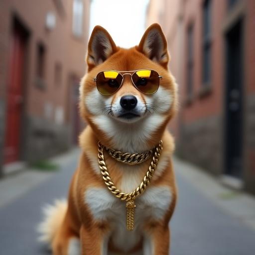 Shiba Inu dog sitting in an alleyway wearing gold sunglasses and a gold chain around its neck. The dog poses confidently with a fashionable look.