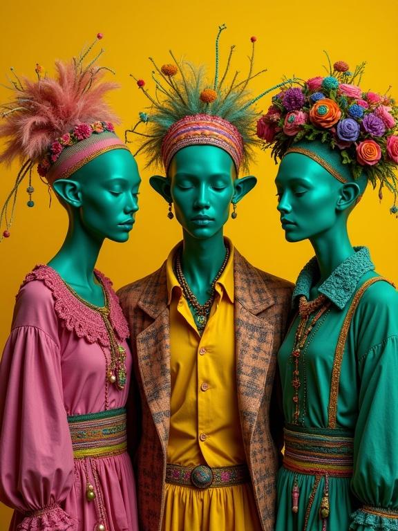 Surreal portrait of three figures resembling gypsies. Dressed in shades of green magenta yellow and blue. Intricate details with vibrant colors. Contrasting yellow ocher background.