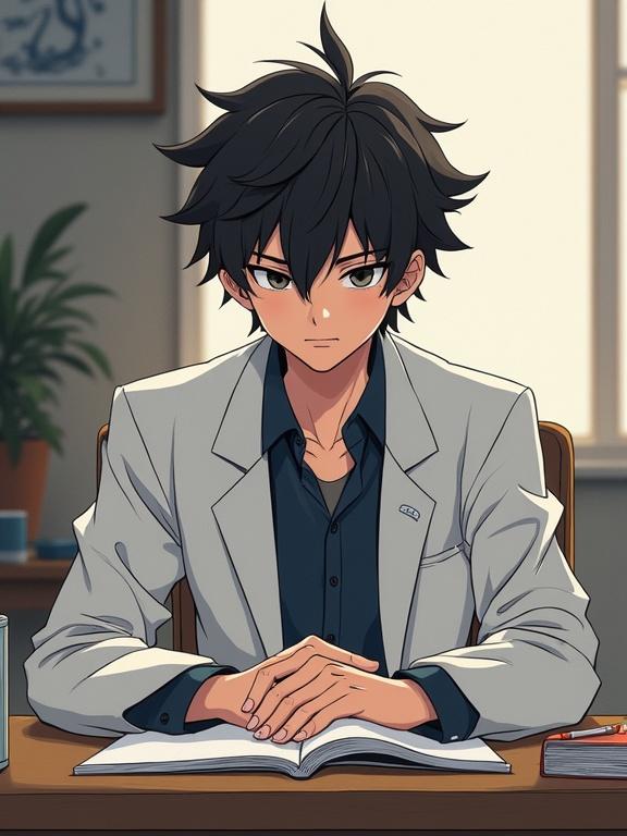 Illustration of a cute young man depicted as a psychologist. Sitting behind a desk. Features messy hair and an aloof expression. The setting has a warm ambiance.