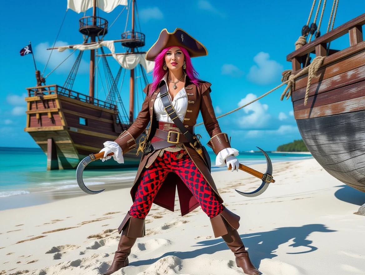 Photograph of a woman dressed as a pirate at the beach. Large old wooden ship in background. Bright blue sky with clouds. Brown tricorn hat. Brown leather jacket with white trim. Red and black patterned pants. Brown boots and white gloves. Black belt with sheath for dagger. Pink hair with purple streak. Holding wooden hook in right hand. Left leg bent at knee. Shadow on ground. Side view to camera. Ship's hull on right side. Large wheel and ropes visible. Bright sunlight creates high contrast. Realistic style with detailed textures. Desert-like environment. Sense of motion. Pirate theme creates adventurous atmosphere.