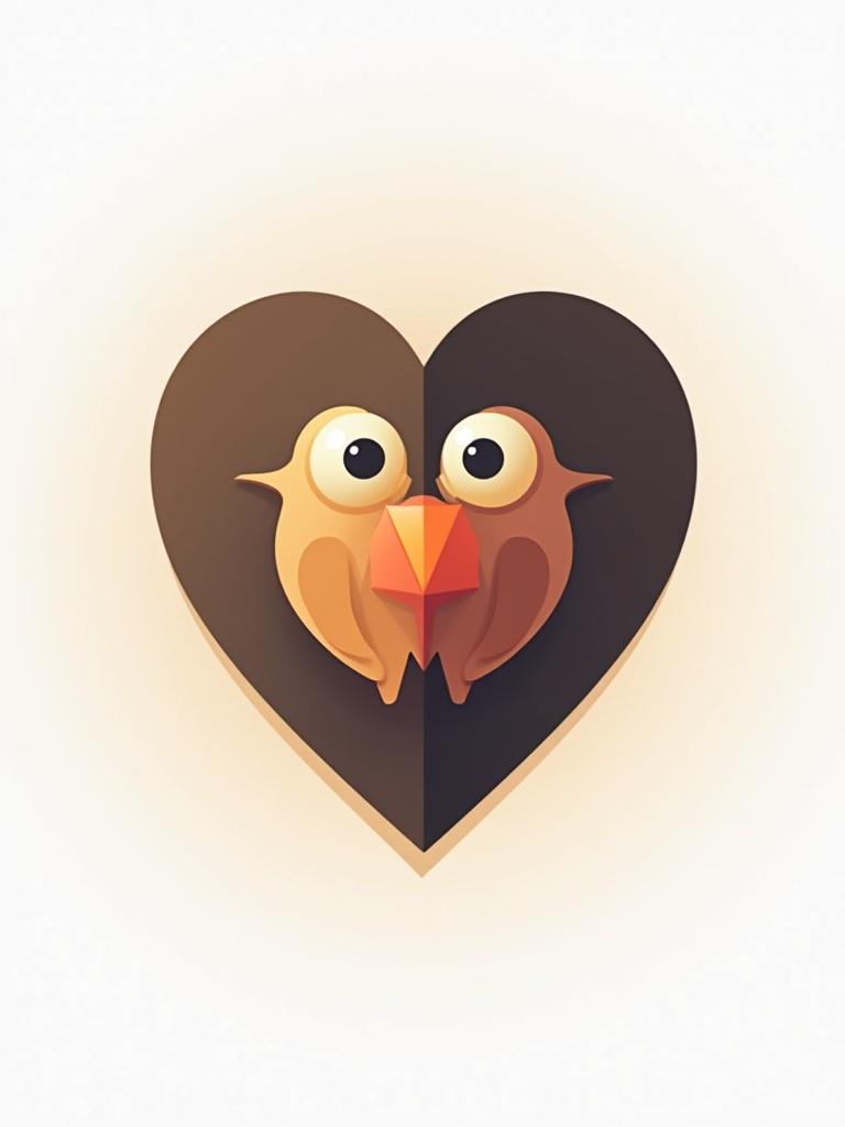 Logo features two stylized birds within a heart shape minimalistic design. The birds face each other and have large expressive eyes. The heart shape is unique and enhances the connection between the birds. The overall design is warm and inviting.