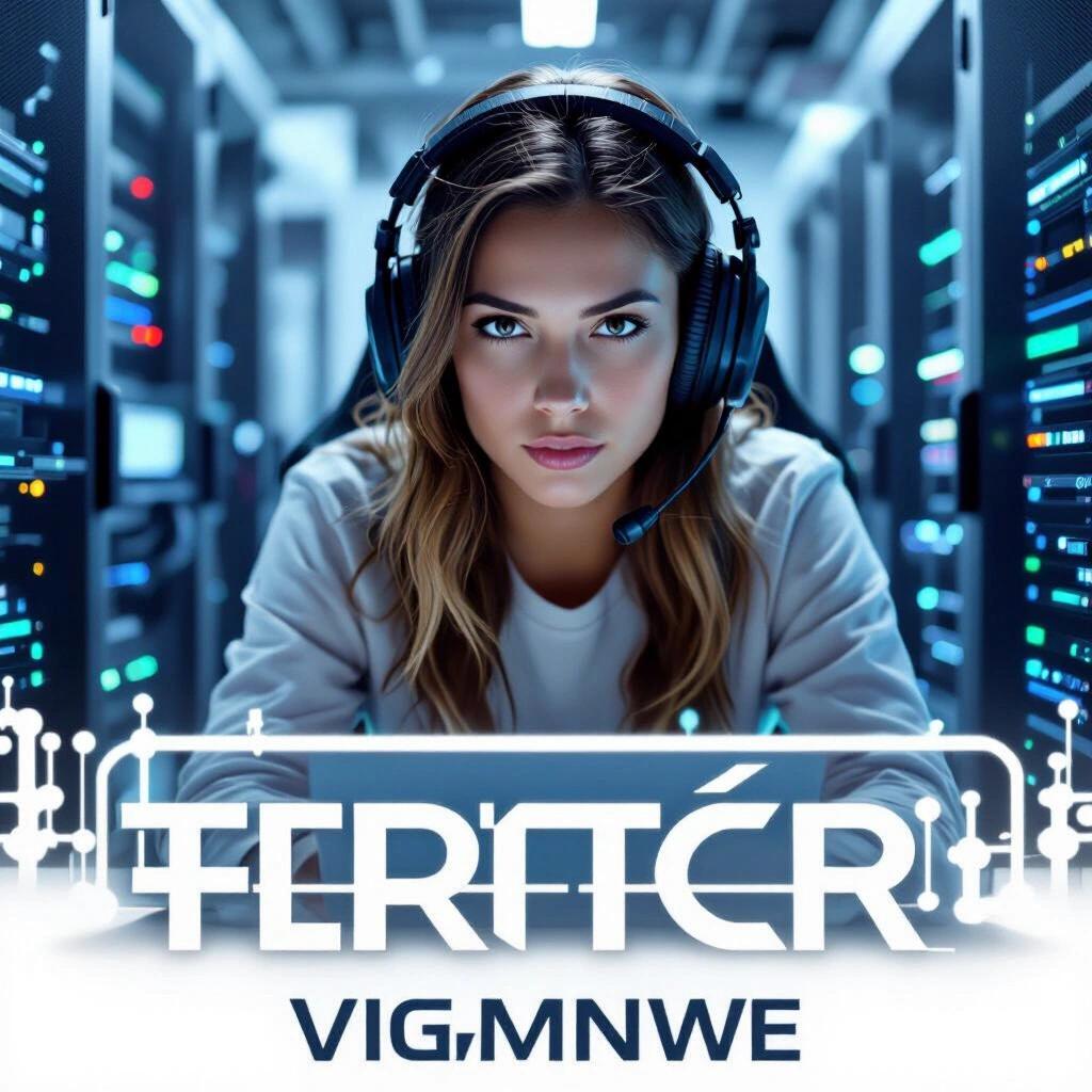 Hot hacker girl in a server room. Young woman using a headset. Focus on technology and digital space. Server racks in the background. Feminine energy in a tech setting.
