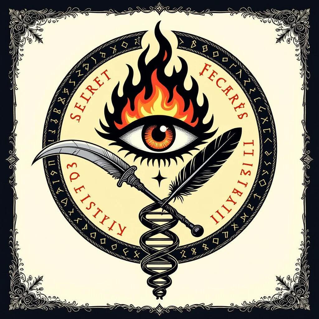 High resolution vector style artwork inspired by secret orders and fantasy RPGs. Emblem features a flaming eye symbolizing occult knowledge. Includes a scythe and feather quill crossed below the eye. Concentric circles with glowing runes are behind the eye. A spiral staircase like a DNA helix rises from the base, representing life's cycle. A double-lined circular border encircles the design with elegant serif wording on the left and right arcs and the number 8 at the bottom. Art uses a black, silver, deep blue, and dark purple color palette against a parchment background.