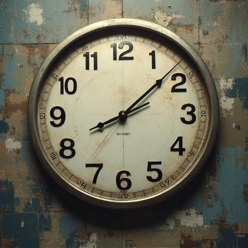 Art featuring a wall clock showing the time five minutes to twelve. Background includes a person deep in thought about the future.