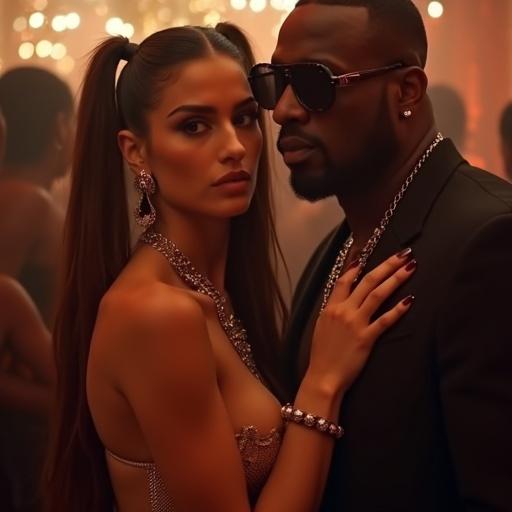 Nightclub scene features a couple. Woman has long brown twintails, big brown eyes, and stylish makeup. She wears a gold fringe pushup bikini and high heels. The man is a large black rapper. They are close together, and she looks at the viewer. The man holds her around the neck. Other men crowd around them. The woman's boyfriend appears surprised. The composition is zoomed out to show their full bodies.