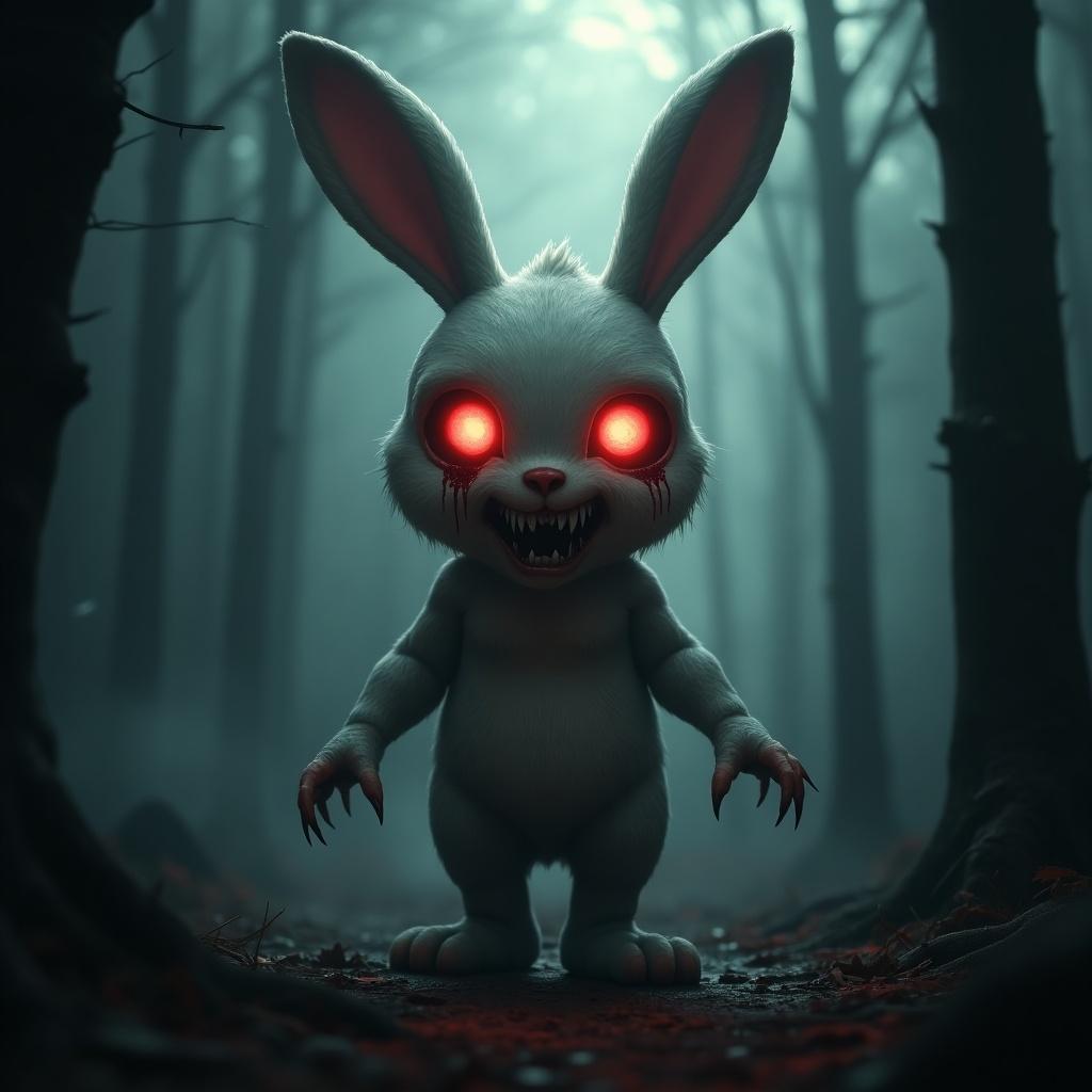 Creepy bunny features bleeding big eyes. Character represents a video game enemy. The creature stands in a foggy dark forest.