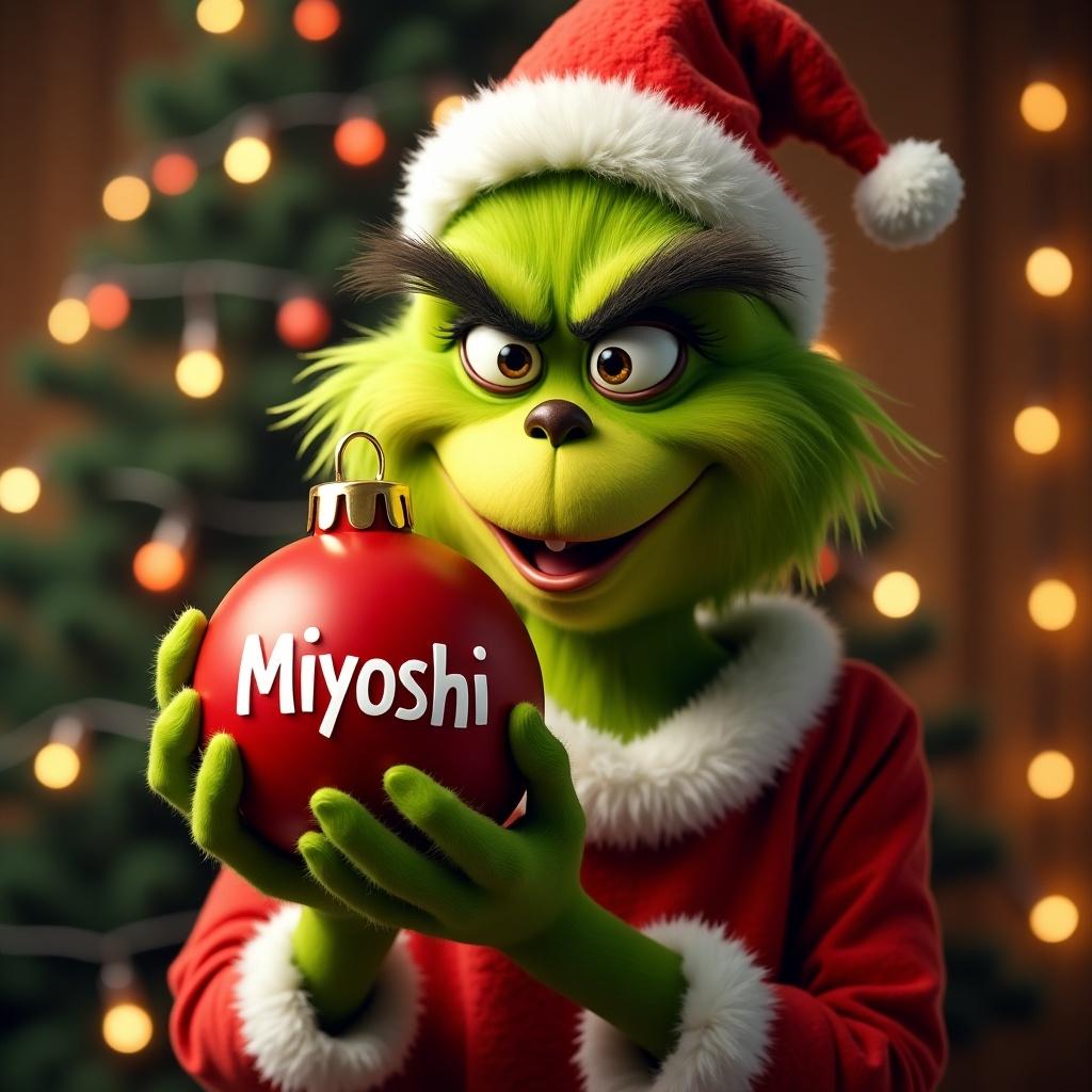 Grinch character holding a Christmas ornament with the name Miyoshi. Background has Christmas lights.