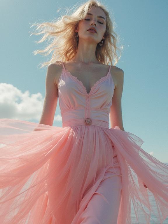Portrait of a model wearing a flowing pink dress in a surreal style. The scene captures movement in the dress with soft colors. The background features a bright sky with puffy clouds. Fashion editorial concept. High fashion emphasis on details and textures.
