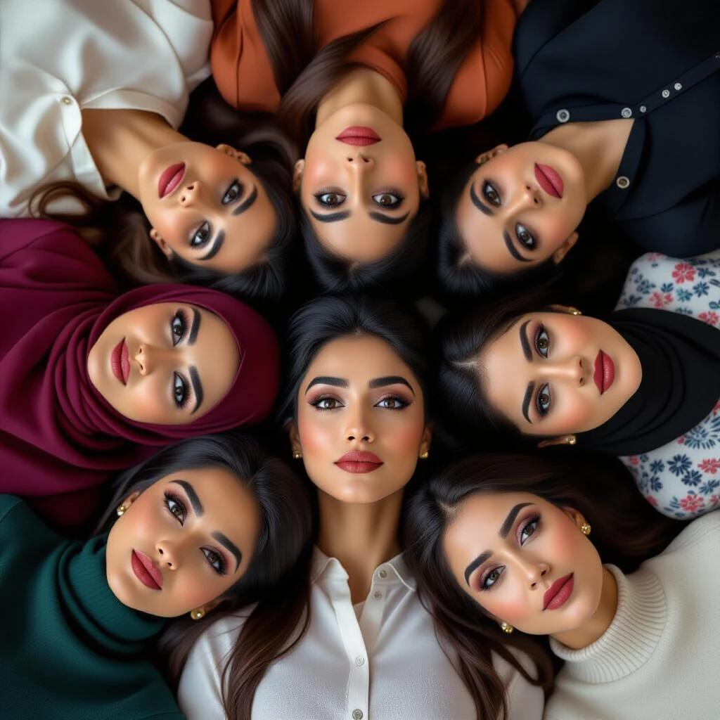Group of diverse women with almond-shaped eyes and varying hairstyles laying on the ground. They are dressed in modern attire, gazing upwards. Their expressions are serious, displaying a mix of emotions with furrowed brows and closed mouths.
