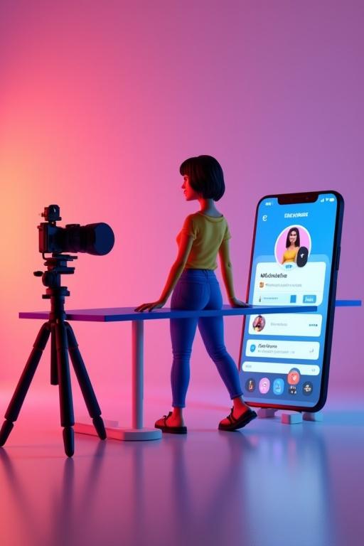 Michelle character modeled in Pixar style stands on a neon color theme table. Photography studio features gradient background, softboxes, reflectors, and professional backdrops. Scene captures soft cinematic lighting with a vibrant playful atmosphere. Giant smartphone beside the character shows Facebook profile information. Camera on tripod records character. Ultra-detailed colorful photorealistic 3D image in 3:4 resolution.