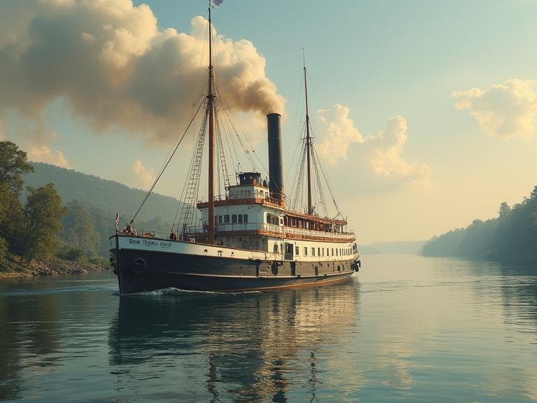 Image of a steamboat on a river. It is a historical trade vessel. The setting features natural scenery and water reflection. Emphasis on the steam and boat details.