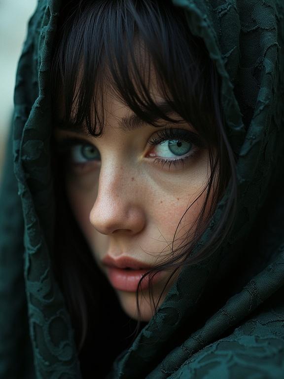 Cinematic film still of vintage fashion photography. Woman with turquoise blue eyes. Deep satin lacy Egyptian shawl. Perfect body and anatomy. Sharp details. High-quality photography. Detailed background and foreground. Retro photography style from 1960's to 1990's. Solo portrait. Long black hair draped over one eye. Eye focus with long eyelashes. Dark makeup covered mouth. Shallow depth of field. Vignette effect.