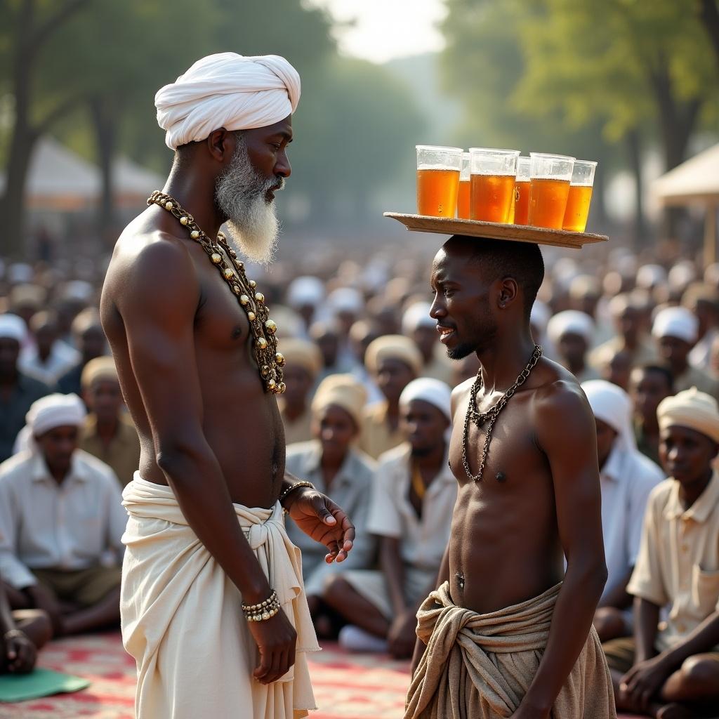 Image of a shaman in traditional attire with a vendor balancing iced tea, surrounded by a seated crowd at a cultural gathering during daytime.