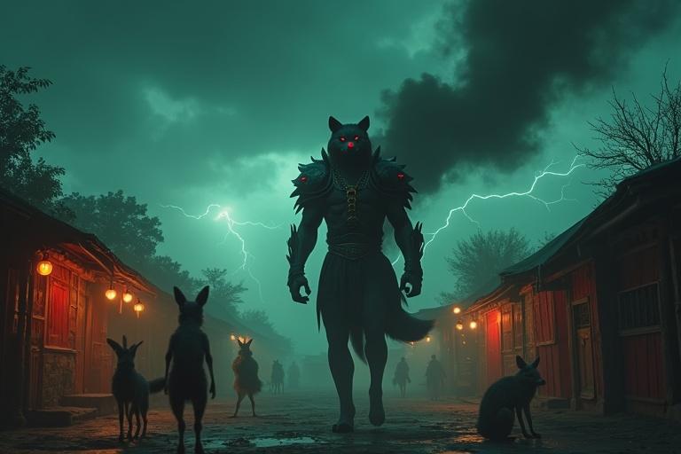 Ultra-HD 4K cinematic scene in Chandrapur. Stormy sky with swirling black clouds. Flashes of lightning. Dimly lit village with colorful stalls. Villagers are foxes and rabbits. They cower in fear. Kalnemi is a massive gray jackal. He has glowing red eyes. He wears black armor. His armor has a bone necklace. Dark smoke trails from his body. His shoulder blades glint menacingly. Vivid dark grays and eerie greens. Foreboding atmosphere with hyper-detailed textures.