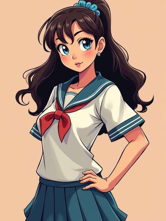 Full body portrait of a female character. She has a heart-shaped face with plush pink lips and blue eyes. The character has thick lashes and a button nose. Her dark brown hair is shoulder-length with a blue scrunchie. She is comically top-heavy with wide thighs and milky skin, dressed in a school uniform. The background is trendy with soft lighting and smooth comic book-style lines and shading.
