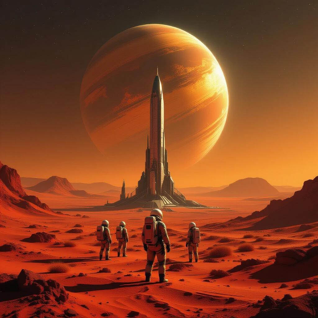 Sci-fi scene featuring a red desert landscape with a towering metallic structure. A gigantic planet hangs in an orange sky. Astronauts stand in the foreground preparing for exploration. The atmosphere conveys mystery and adventure.