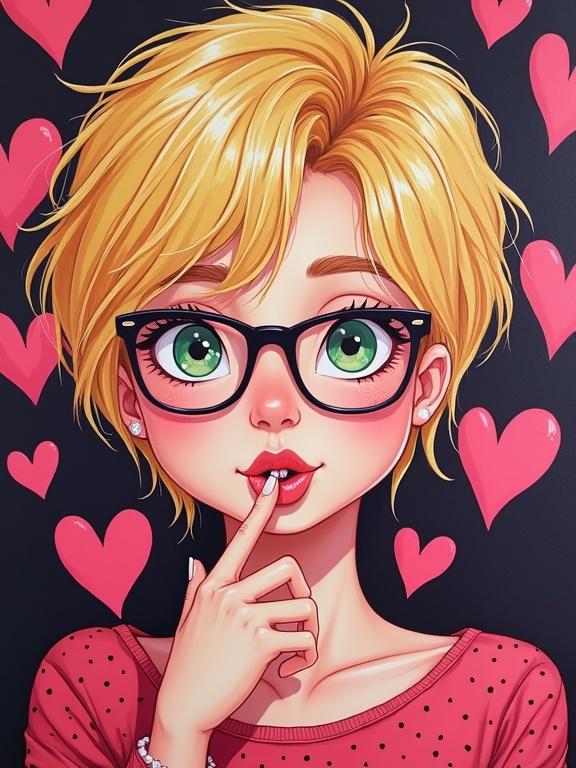 Acrylic and airbrushed vibrant portrait of a young woman with small rectangle glasses and blonde tousled pixie cut. She has expressive light green eyes. Her playful expression features her hand parting her lips and as she gently licks her fingers and a curious gaze. The background is a heart design with black and pink colors, creating a cozy and youthful feel.