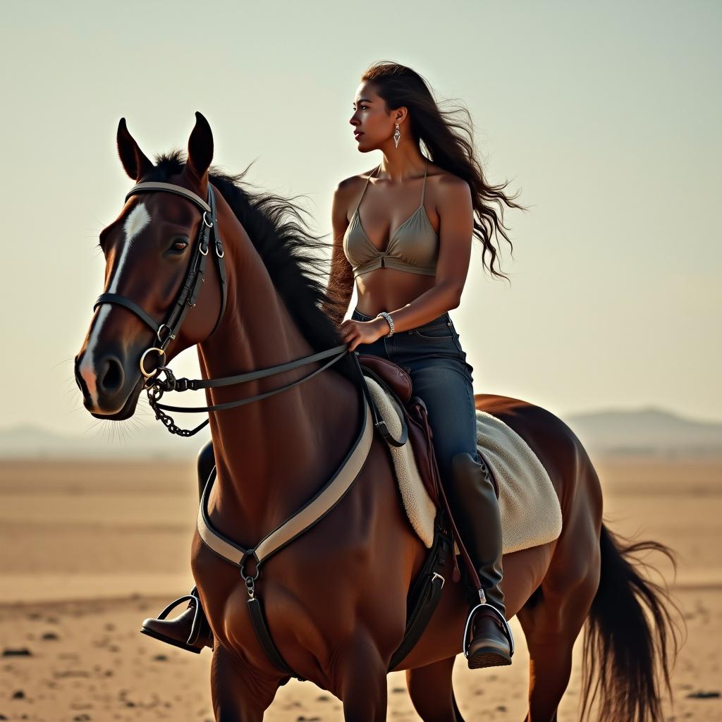 A confident woman of African descent rides a horse against a striking desert backdrop. She has long hair flowing in the breeze and is dressed in a stylish bikini top and jeans. The horse stands strong and majestic, highlighting the bond between rider and animal. The sun casts a warm glow on the scene, elevating the sense of adventure and freedom. This image captures the essence of equestrian beauty in a natural setting, blending fashion with the outdoors.