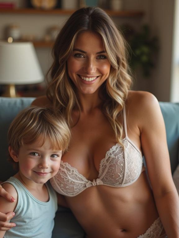 Living room scene featuring a beautiful mother and her son. Mother wears a lace bra and displays a joyful smile. Child sits closely next to her. Bright and vibrant colors dominate. The soft, natural light enhances the warm atmosphere.