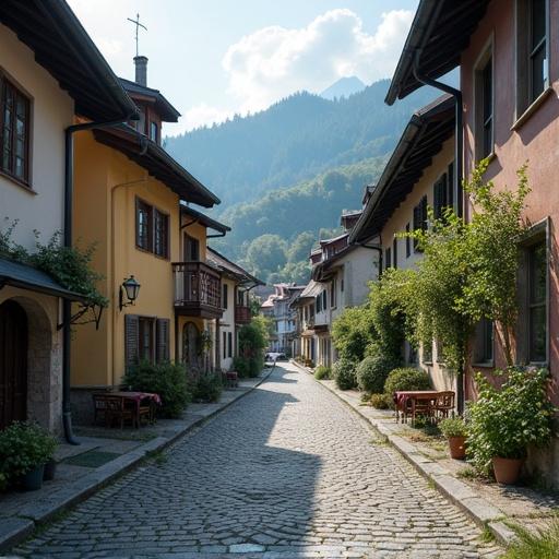 Street in Idrija with historical buildings and cobblestones. Lush greenery and mountains in the background. Photorealistic style.