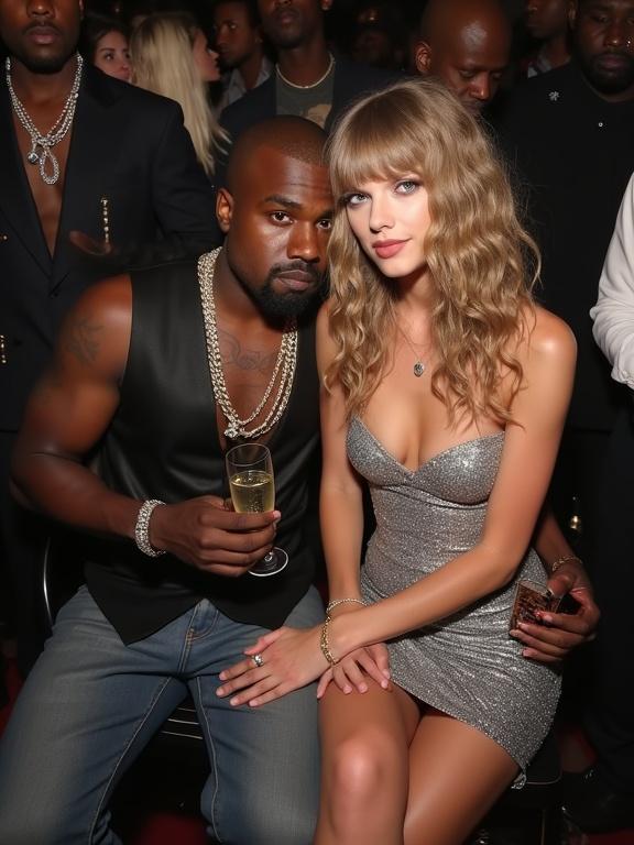Full body shot of Taylor Swift and Kanye West at an awards show after party. Taylor Swift wears a sparkly silver dress and cowboy boots. Kanye West wears a black leather vest. They sit closely together. Taylor holds a champagne glass. Crowded party atmosphere.