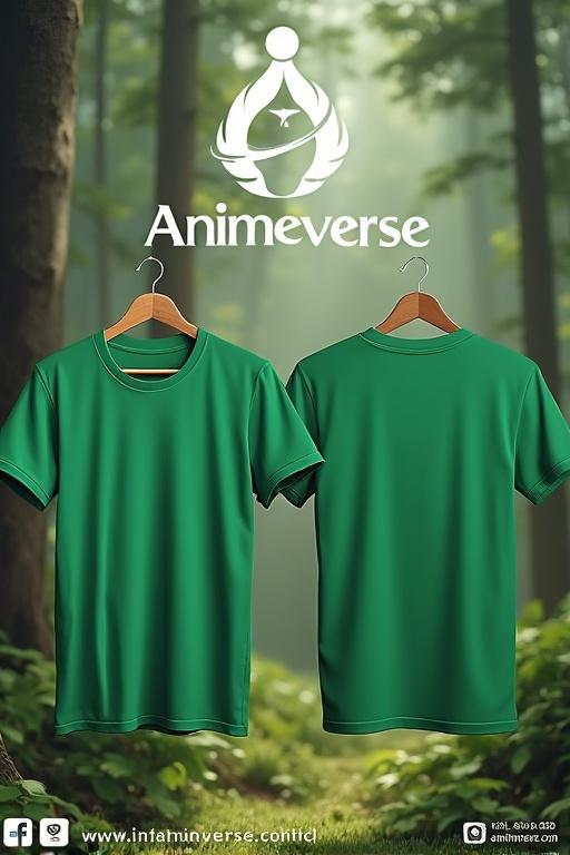 Image displays a green t-shirt on wooden hangers. Background features a serene forest setting. T-shirt shown from front and back perspective. Includes Animeverse logo and website link. Contact details presented with social media icons.