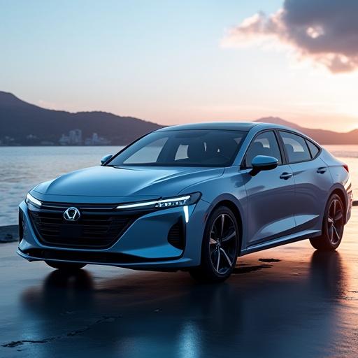 Show the 2025 Harbor Tides hybrid sedan in a beautiful harbor setting. Highlight the low-slung aerodynamic profile, modern LED headlights, and fastback rear design. Capture the car's elegant lines against a sunset backdrop.