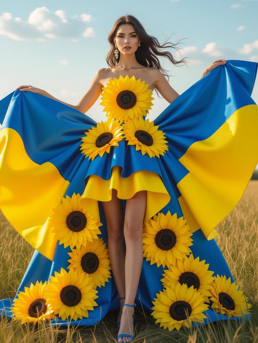 Fashion photoshoot featuring a female model wearing a striking haute couture gown designed with sunflowers. The gown has layers resembling sunflower petals. The model's body is painted in the colors of the Ukrainian flag. The pose is dramatic to create an impactful effect.