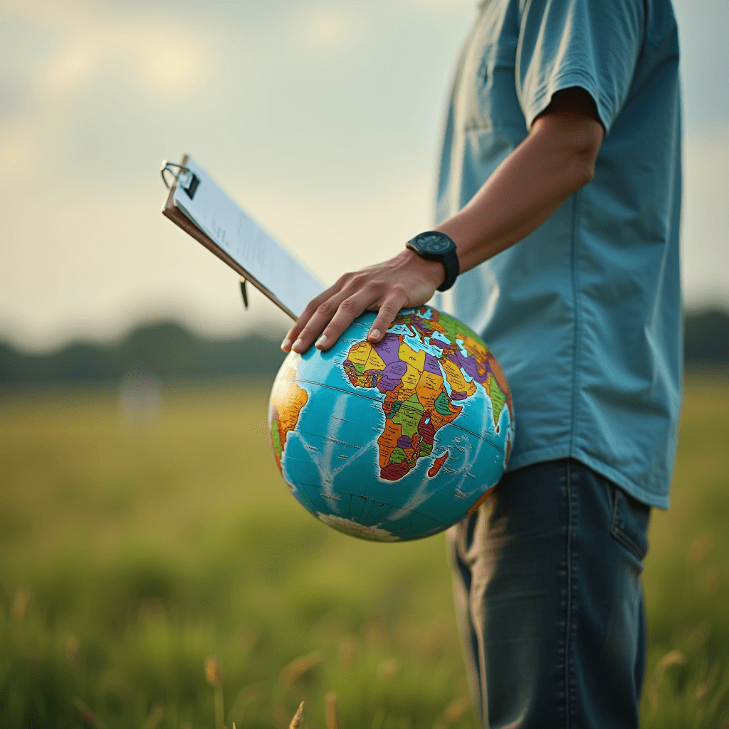 A person holding a globe and clipboard stands in a grassy field under a clear sky.