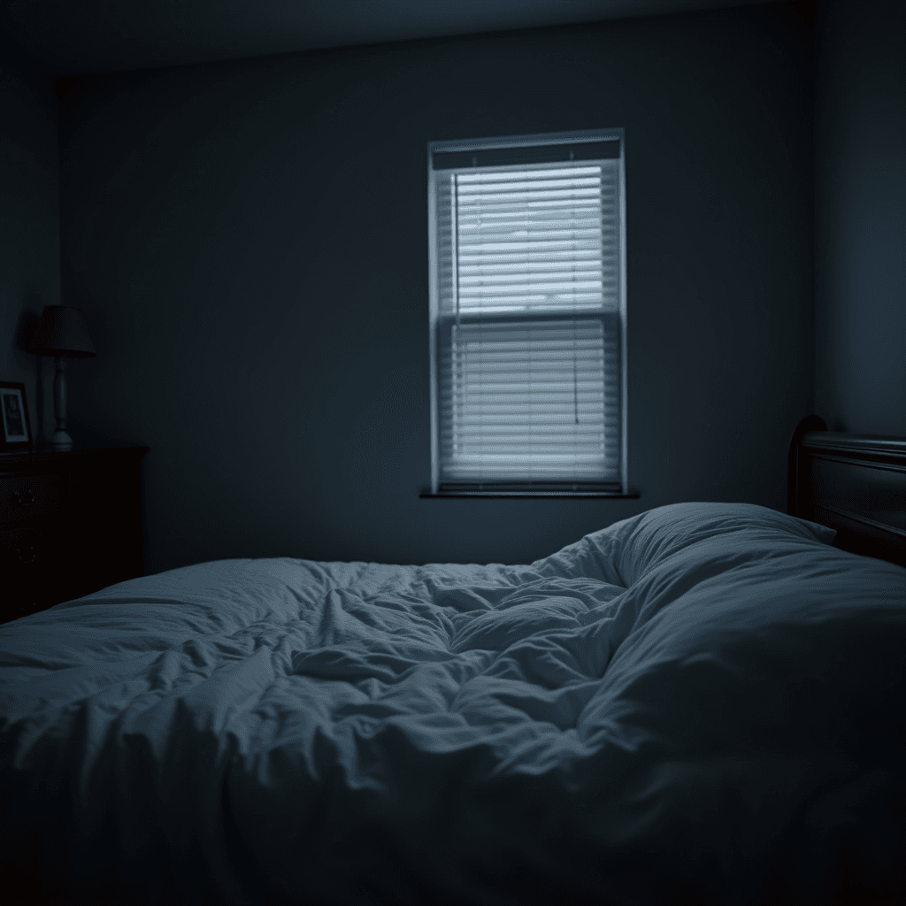 A dimly lit bedroom with a window partially open letting in soft light, highlighting a neatly made bed.