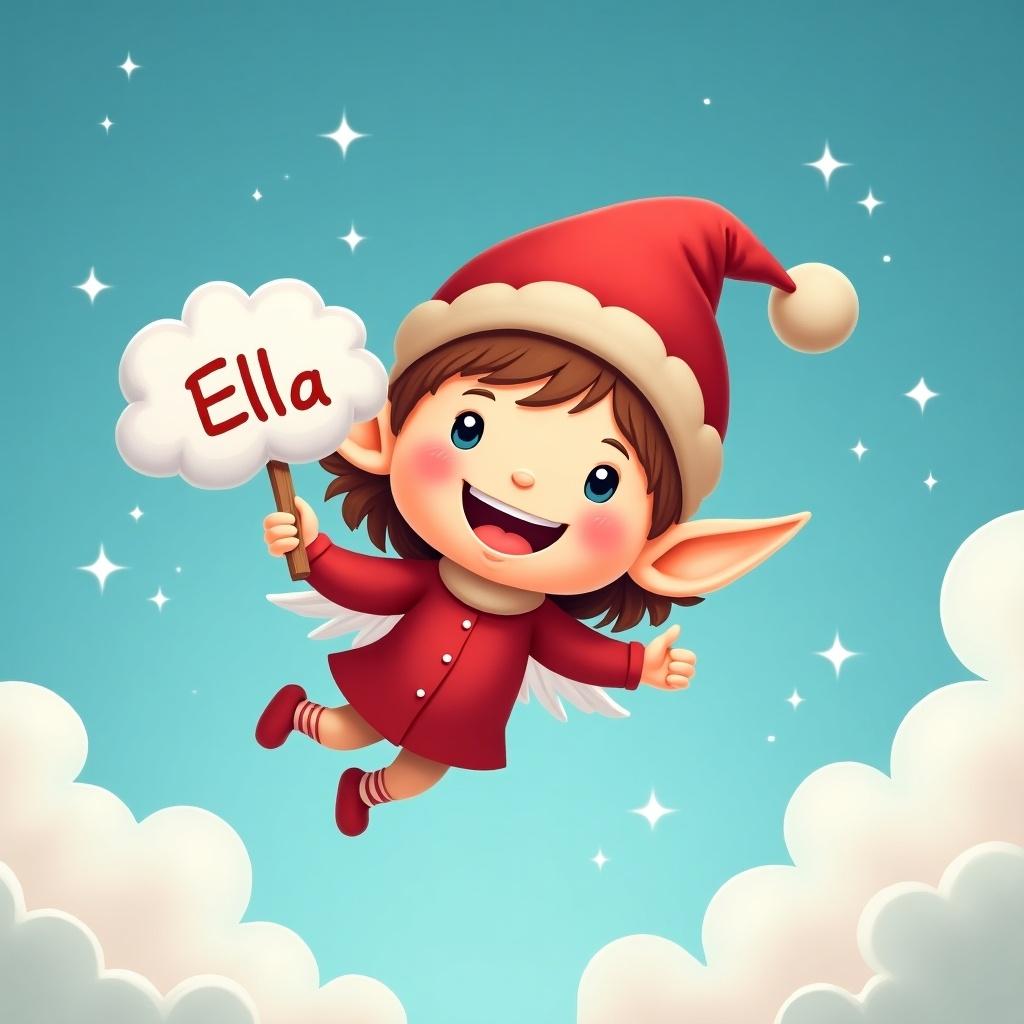 Baby girl elf flying through the sky wearing a red outfit and hat. Elf holds a fluffy sign with 'Ella'. Background shows a blue sky with sparkles and clouds.