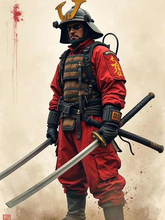 A samurai firefighter in striking red attire. The figure stands boldly with two swords at the ready. The outfit includes traditional samurai elements combined with firefighting gear. The background is minimal, emphasizing the samurai firefighter's stature.