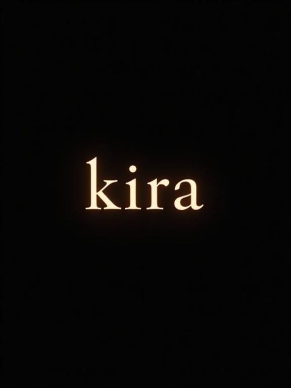 Minimalist design featuring the text 'kira' on a deep black background. Typography is elegant and clean with a soft golden glow.