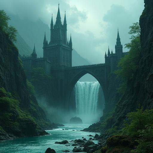 A dark fantasy landscape with a towering obsidian fortress built into jagged black cliffs surrounded by misty green mountains. A massive ancient stone bridge arches over a spectral river flowing from a hidden waterfall deep within a gorge. The calm turquoise river has dark rocks and moss lining the shore under an overcast sky with dramatic stormy clouds. Gothic elven architecture features tall spires, arches, and sharp towers. The scene is filled with a feeling of cursed magic and ancient power with atmospheric lighting. Detailed 4K fantasy concept art.